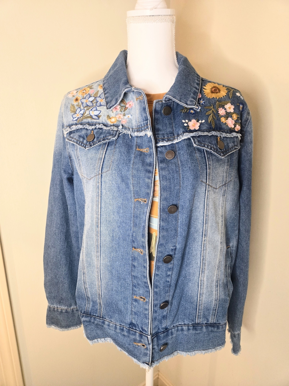 Embroidered Blue Denim Jacket - Floral Jean Jacket